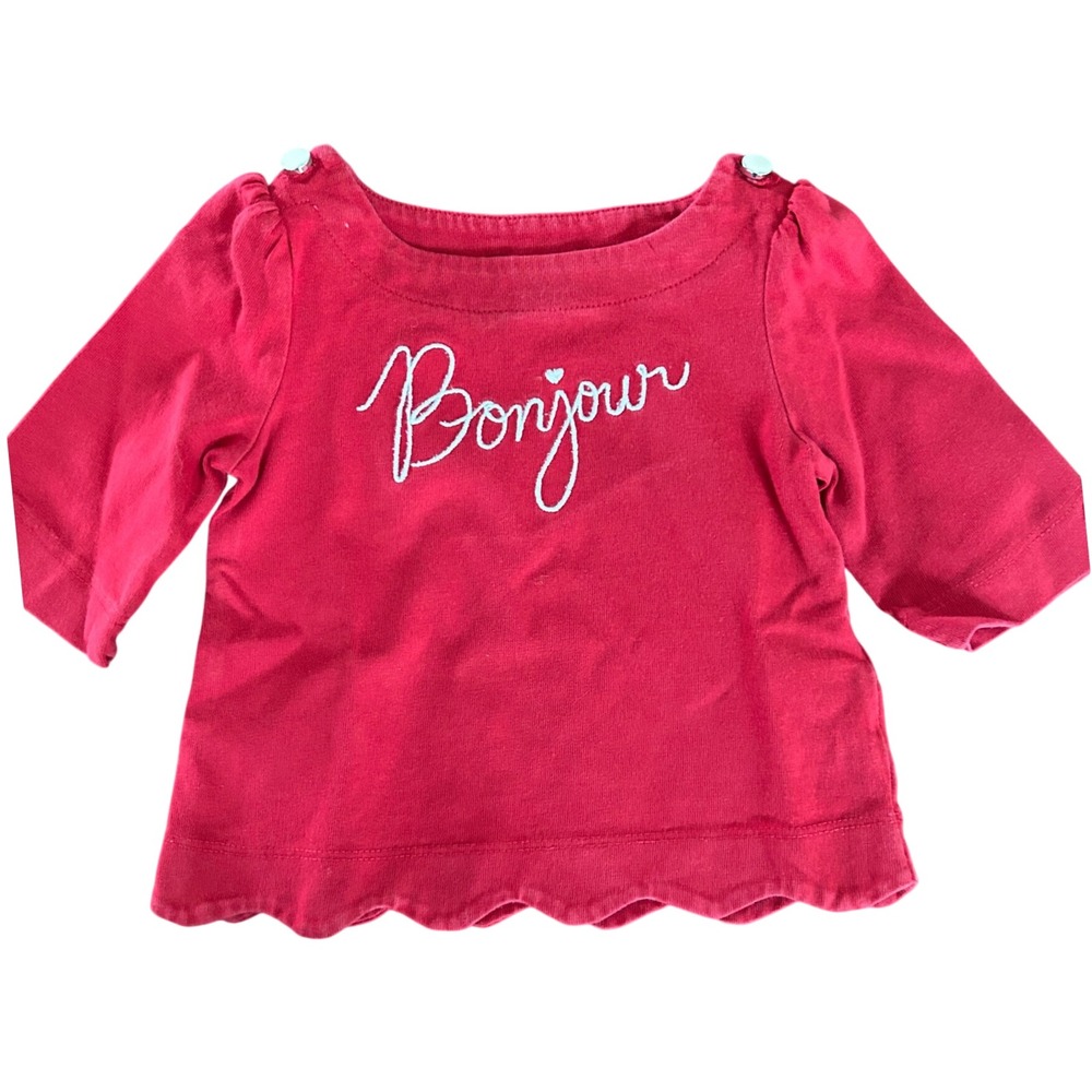 Bonjour Embroidered Red Long Sleeve Scalloped Hem Top Girls Kids